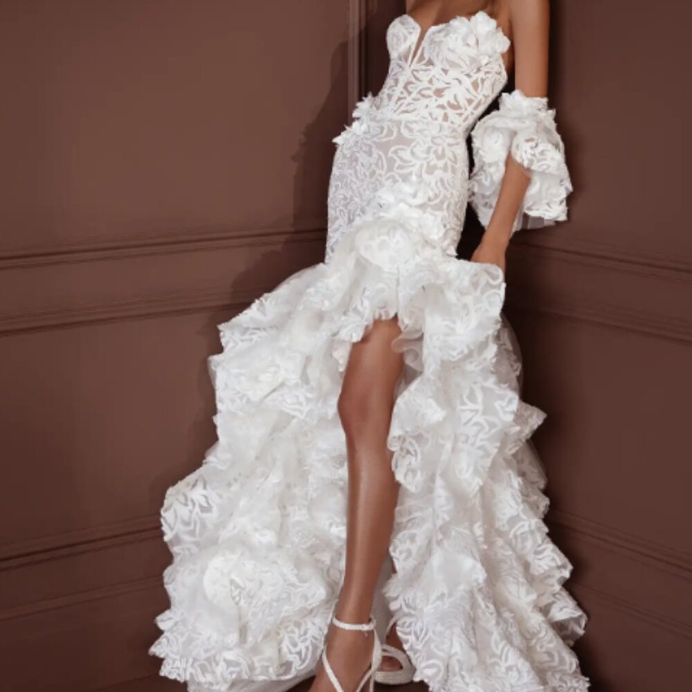 Pnina Tornai Couture Corset 3d Flower Ruffle Wedding Gown size 2-4